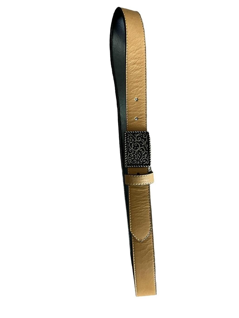 Century Canada 2821 Men's Brown Black Leather Belt Size S Floral Embossed Buckle